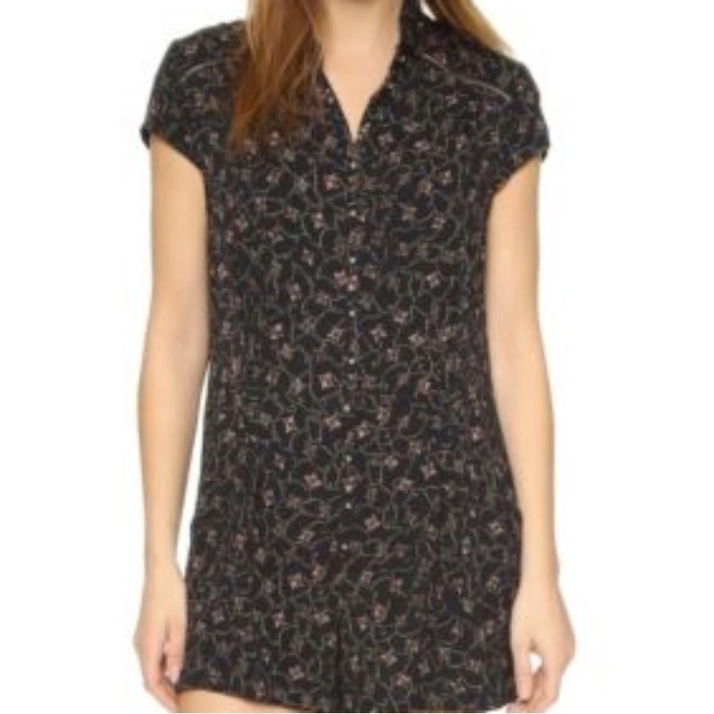 Free People Debby Dot Romper Black Floral Button Viscose Collar Small